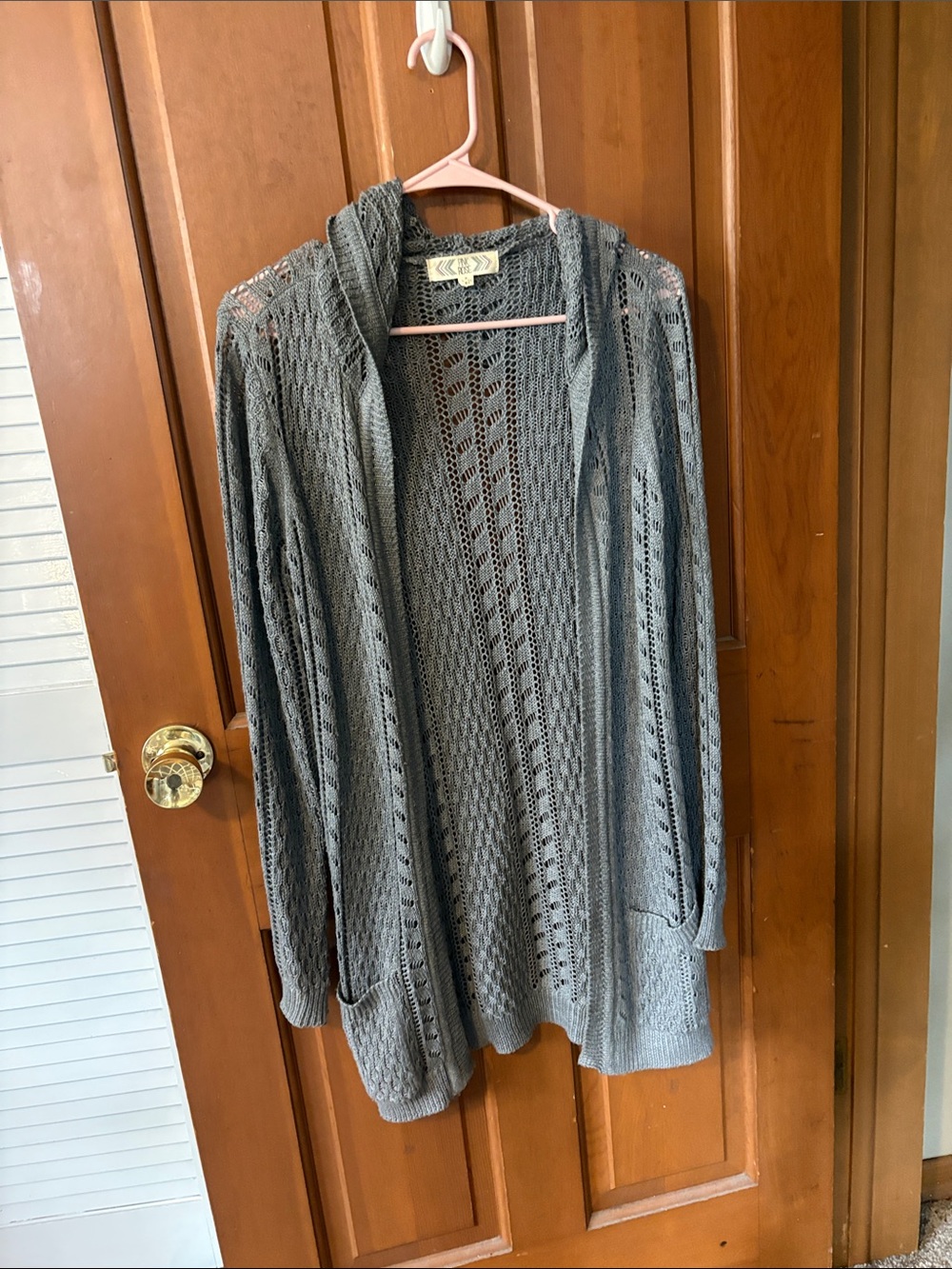 Pink Rose Gray Open-Weave Hooded Cardigan